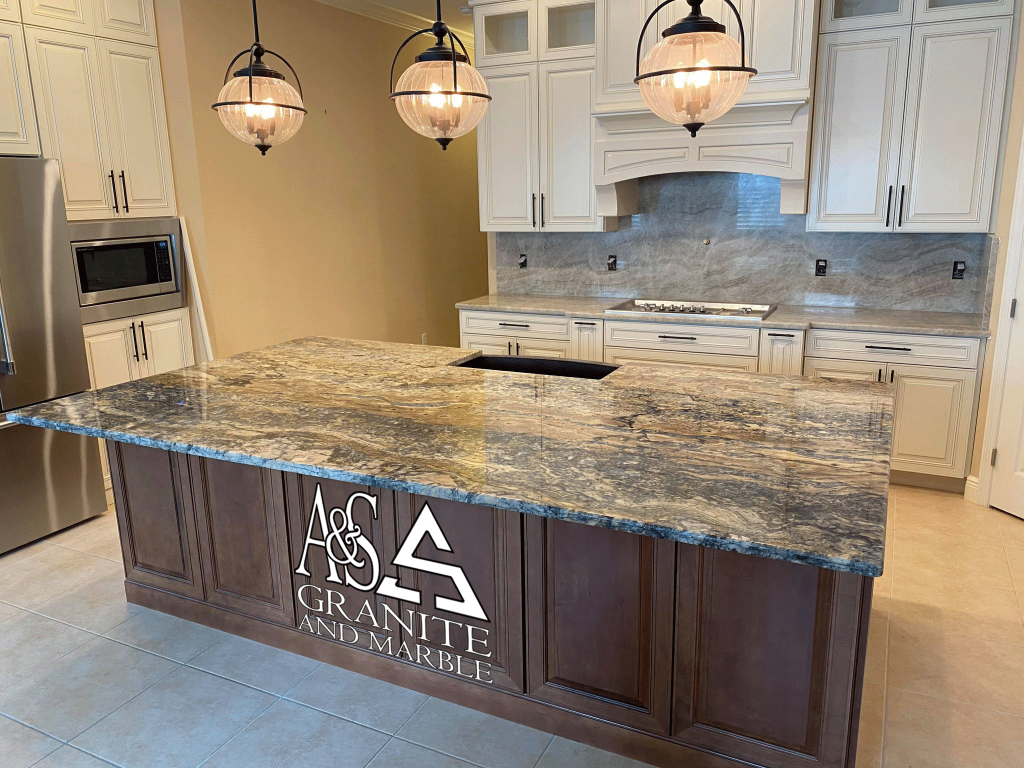 Kitchen Counetertops - Azurite island countertops - Taj Mahal surrounds with Full height backsplash - full kitchen 2